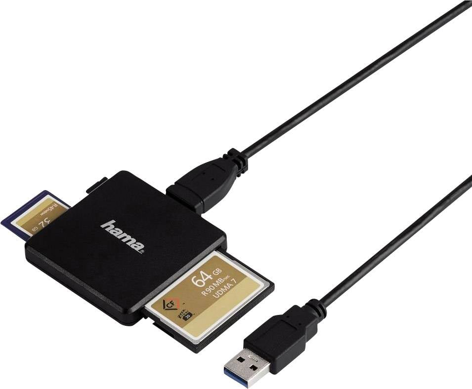 'USB-3.0-Kartenleser von Hama mit zwei eingesteckten SD-Karten, geeignet zum schnellen Datentransfer und zum Auslesen von Speicherkarten.'
