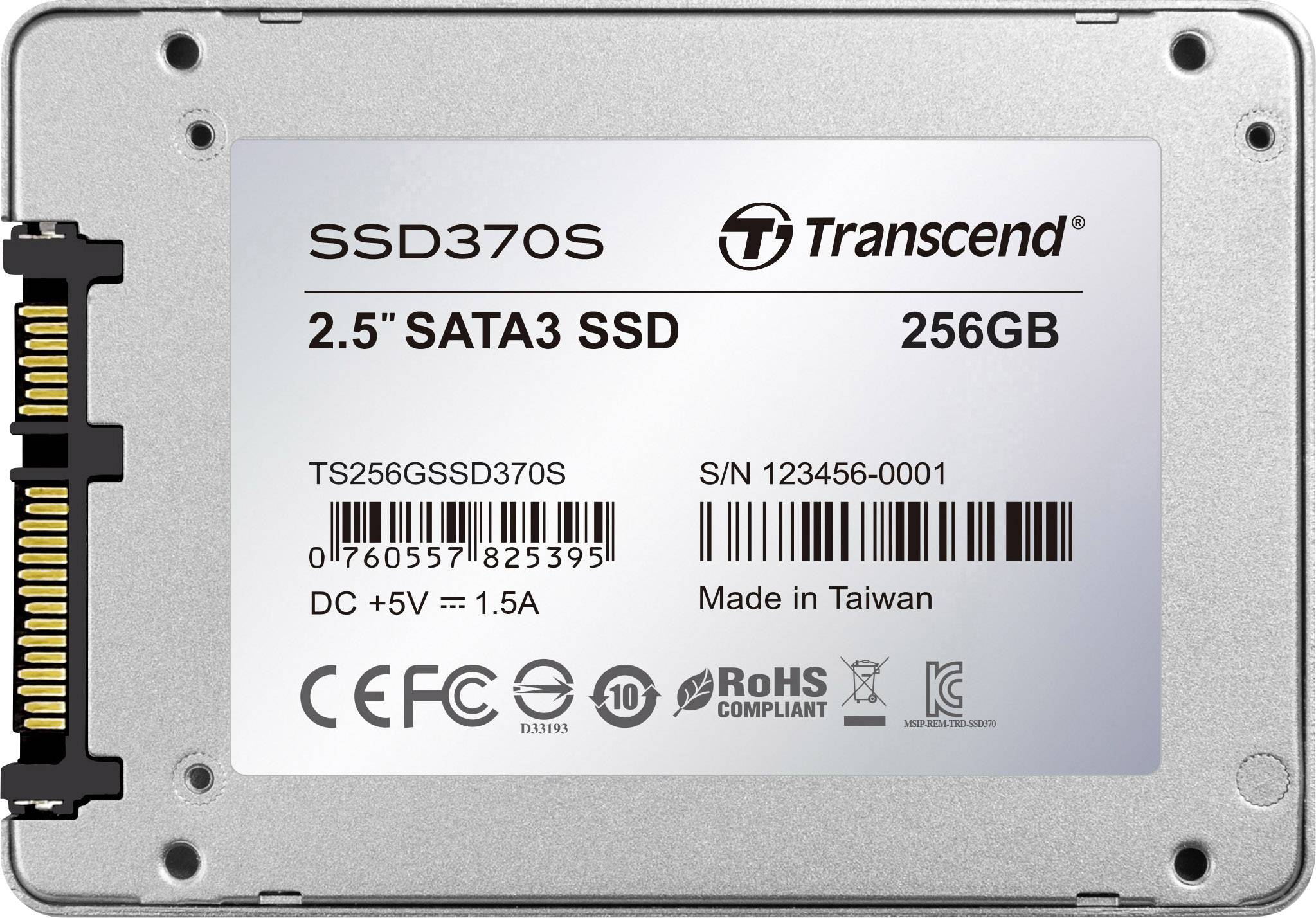 Externe SSD-Festplatte, silberfarben, Marke 'Transcend', Modell 'SSD370S', Kapazität 256GB, 2.5" SATA3 Schnittstelle, hergestellt in Taiwan.
