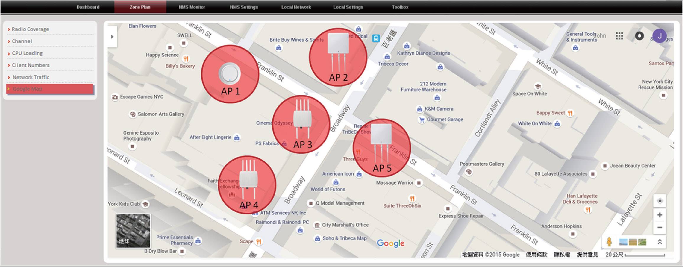 'Karte von New York Stadtteil mit fünf markierten WLAN-Zugangspunkten (AP 1-5) in Rot. Lage: zwischen Major Ave und Myrtle Ave.'