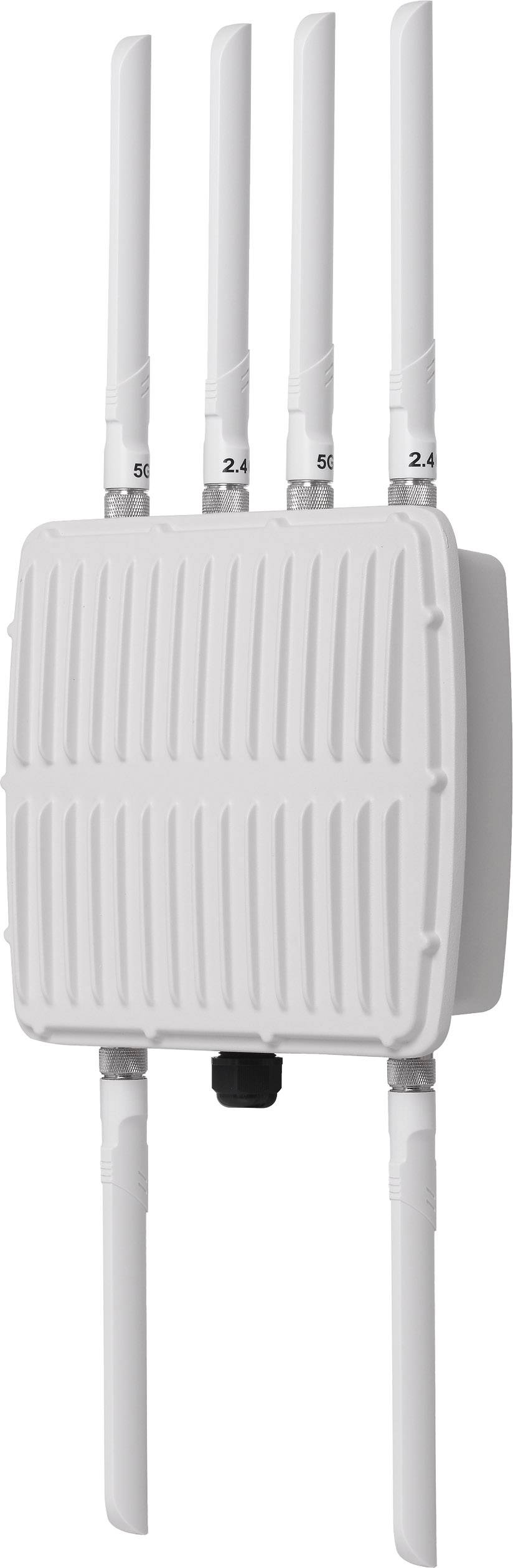 Ein weißer WLAN-Router mit sechs Antennen, vertikal ausgerichtet. Geeignet für den Außenbereich und zur Verbesserung der Netzabdeckung.