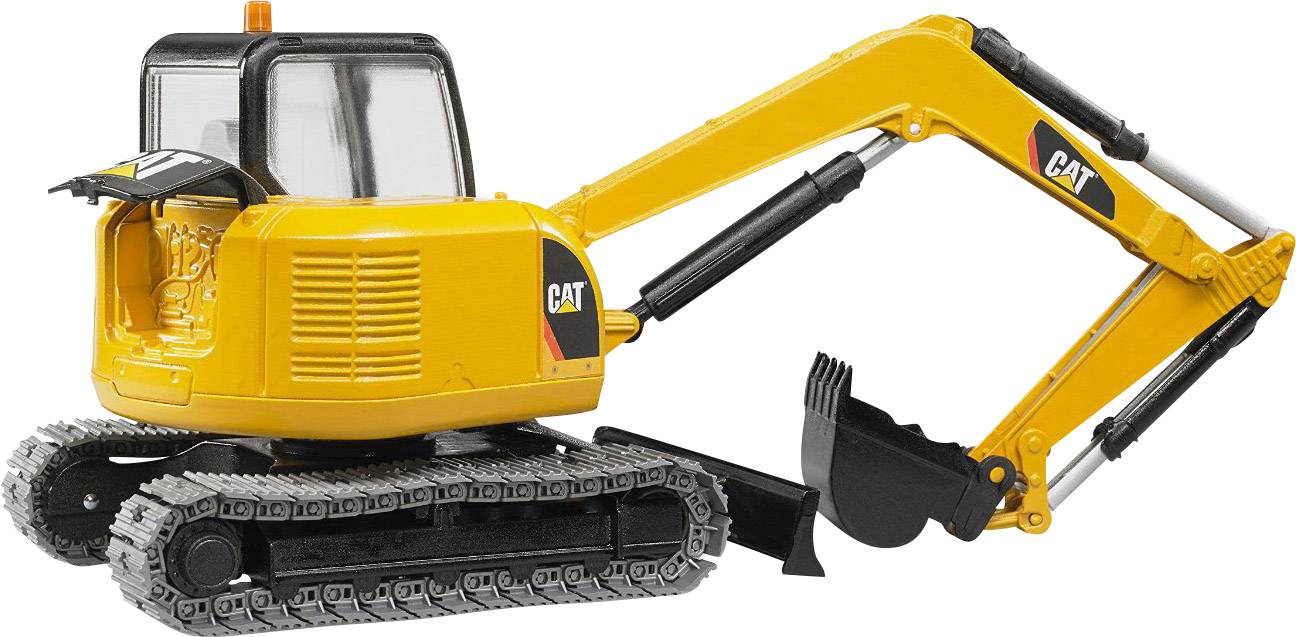 Ein gelber Bagger mit schwarzem Unterbau, beweglichem Arm und Schaufel steht auf Ketten. Markierung der Marke 'CAT'.