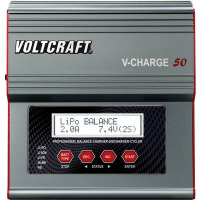 Ladegerät mit Display zeigt 'LiPo BALANCE 2.0A 7.4V(2S)'. Gerät bezeichnet als VOLTCRAFT V-CHARGE 50, Funktionen wie Moduswahl und Start.