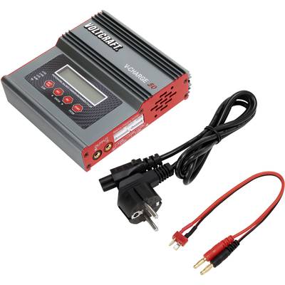 Ein Ladegerät für Batterien mit Display und Bedientasten. Daneben zwei Kabel: eines mit einem Stecker und eines mit zwei Krokodilklemmen.