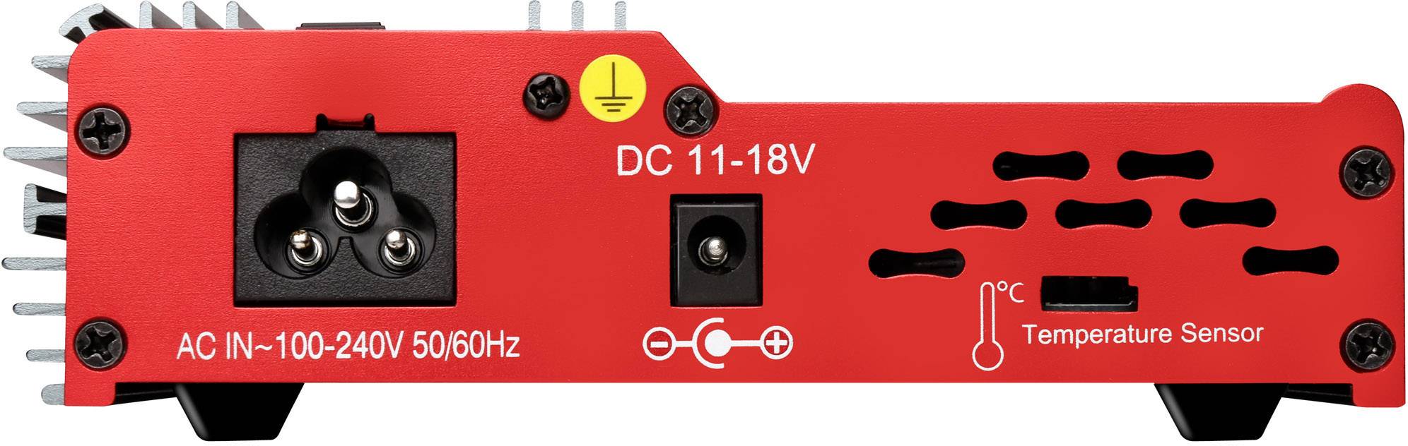 Rote Netzteil-Rückseite mit AC-Eingang (100-240V, 50/60Hz), DC-Ausgang (11-18V) und Anschluss für Temperatursensor.