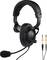 Schwarzes Over-Ear-Headset mit flexiblem Mikrofonarm und abnehmbaren Klinkensteckern, geeignet für PC- oder Audioverbindungen.