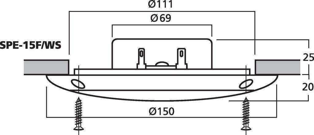 Diagramm eines Deckeneinbaustrahlermoduls mit Maßen: Gesamtdurchmesser 150 mm, Einbautiefe 25 mm, Öffnung 69 mm, Außendurchmesser 111 mm.