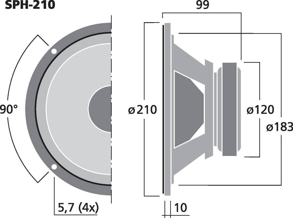 Lautsprechertreiber, seitliche und frontale Abmessungen: Durchmesser 210 mm, Tiefe 99 mm, Bohrlöcher 5,7 mm, Montagewinkel 90 Grad.