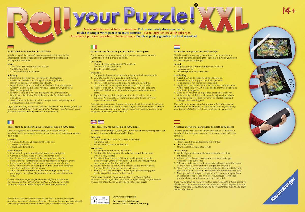 Gelbe Werbeseite für 'Roll your Puzzle! XXL' von Ravensburger. Zeigt Einsatzmöglichkeiten des Produkts mit Bildern und Erklärungen.