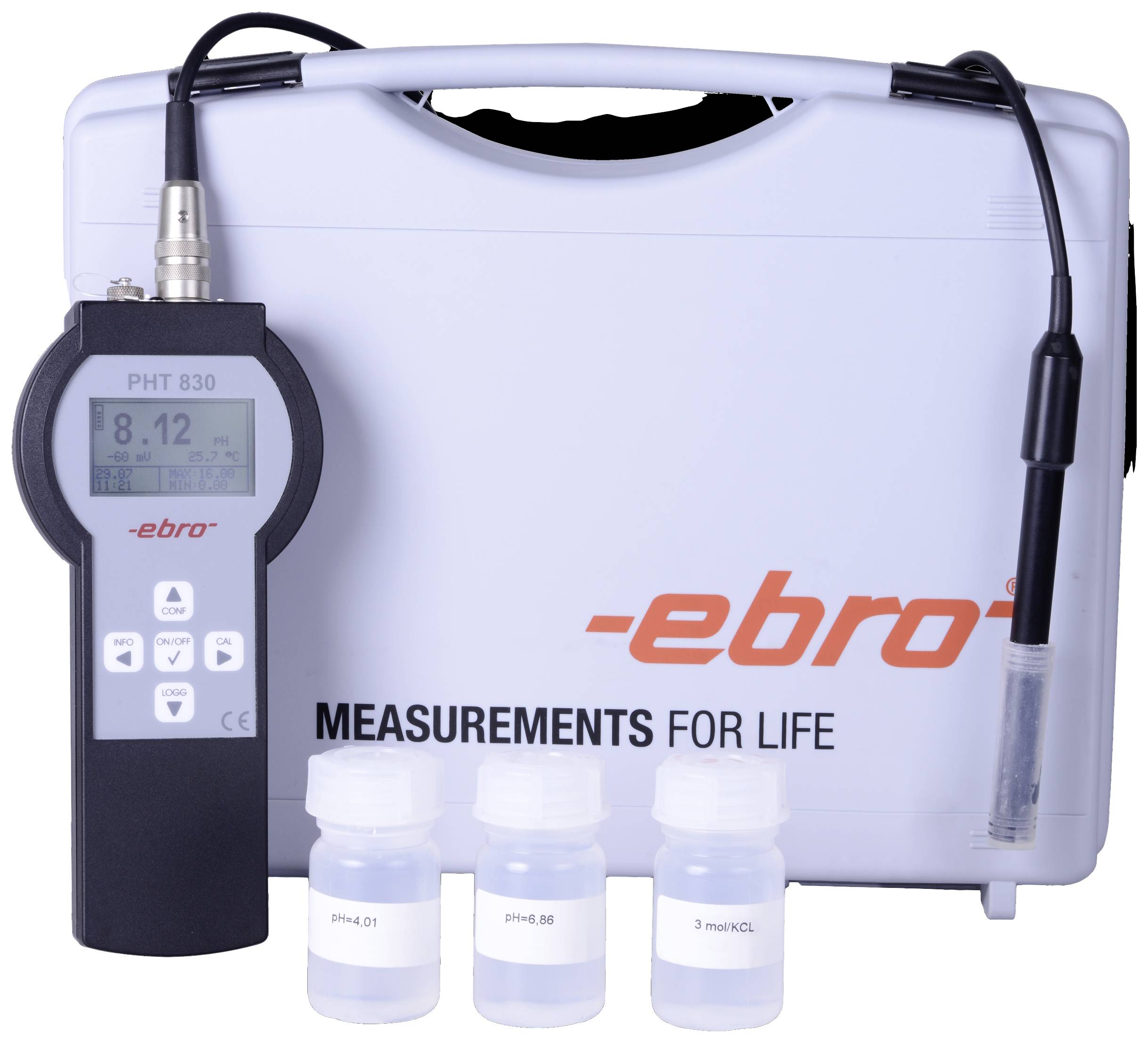 EBRO PHT 830 Set 1 pH Meter Set mit robuster Kunststoffelektrode ideal für Feldeinsatz im Koffer ±