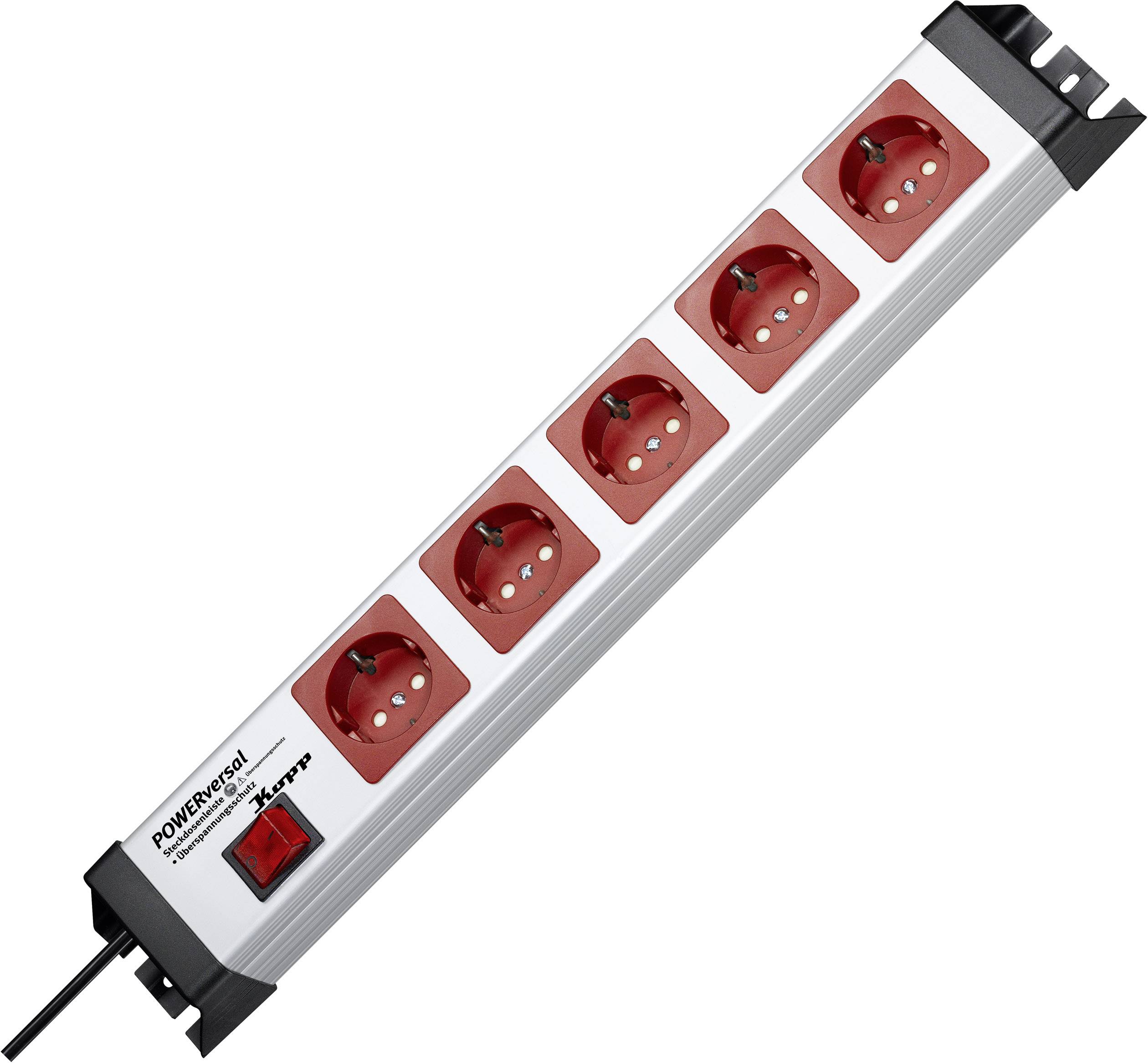 Steckdosenleiste mit ÜSS, rot/grau, 5-fach, 5xSchuko, mit Schalter, 1,4m Zuleitung