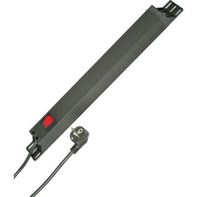 Eine schwarze Steckdosenleiste mit einem roten Ein-/Ausschalter und einem angeschlossenen Netzkabel mit Stecker.