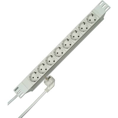 Eine weiße Steckdosenleiste mit acht Steckplätzen und einem angeschlossenen Netzkabel, geeignet für die Erweiterung von Stromanschlüssen.