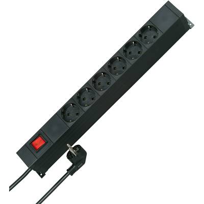 Schwarze Steckdosenleiste mit sechs Steckplätzen, Schalter und Kabel mit Stecker.