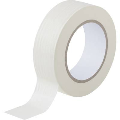 Eine weiße Rolle Klebeband mit ausgezogenem Streifen.