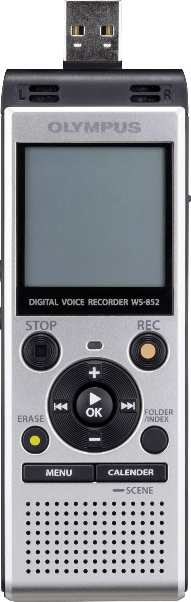 Digitales Diktiergerät mit USB-Anschluss, Tasten für Bedienung und Display. Marke 'Olympus', Modell WS-852.
