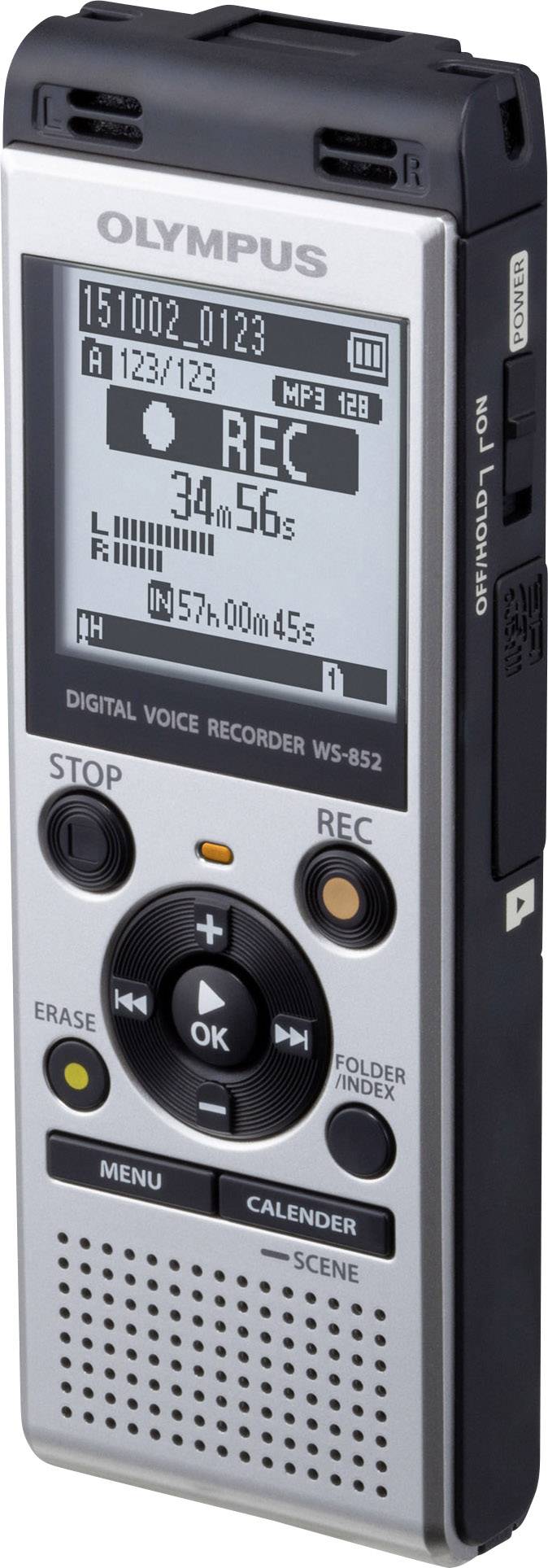 Digitaler Voice Recorder mit Bildschirm, zeigt Aufnahmezeit '34m56s', speichert im MP3-Format. Tasten für Stopp, Aufnahme und Menü sichtbar.