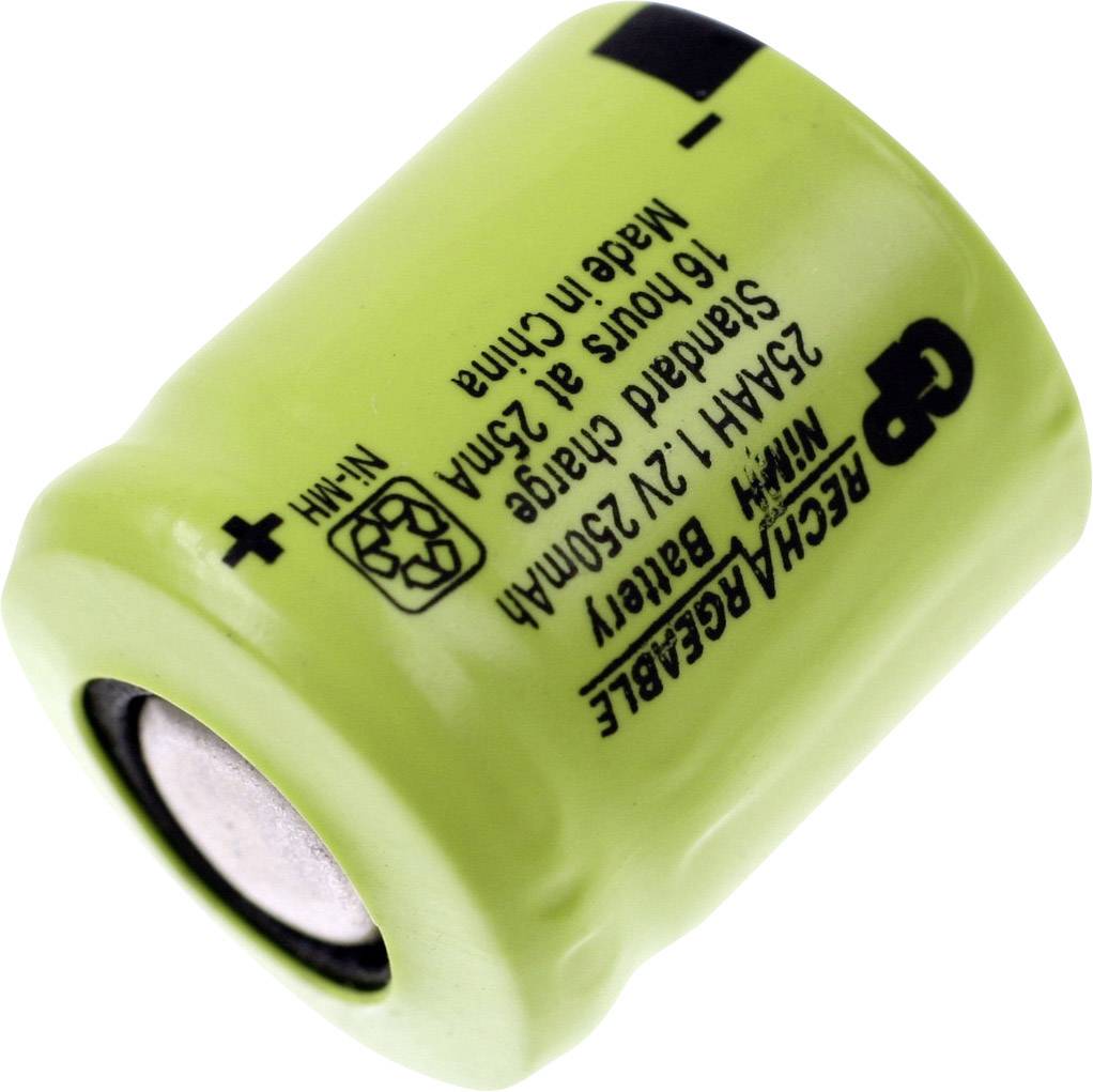 Kleine, grüne, zylindrische Batterie mit Aufschrift: 'GP Rechargeable 2.4V 250mAh Ni-MH'.