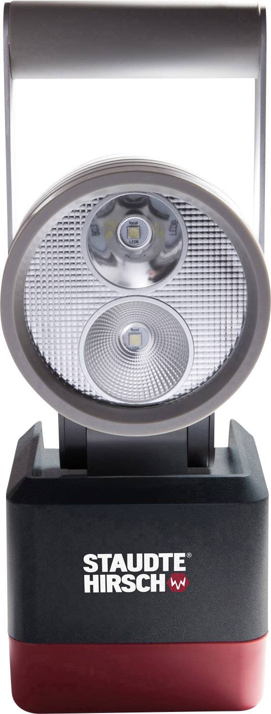 Aluminium-Taschenlampe mit drehbarem Leuchtkopf und gummibeschichtetem Fuß. Markenname 'Staudte Hirsch' sichtbar vorne.