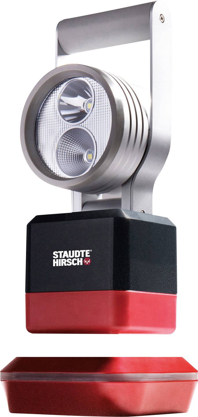 Tragbare LED-Lampe von Staudte Hirsch in Schwarz und Rot, mit einem robusten Tragegriff, geeignet für Outdoor-Aktivitäten.