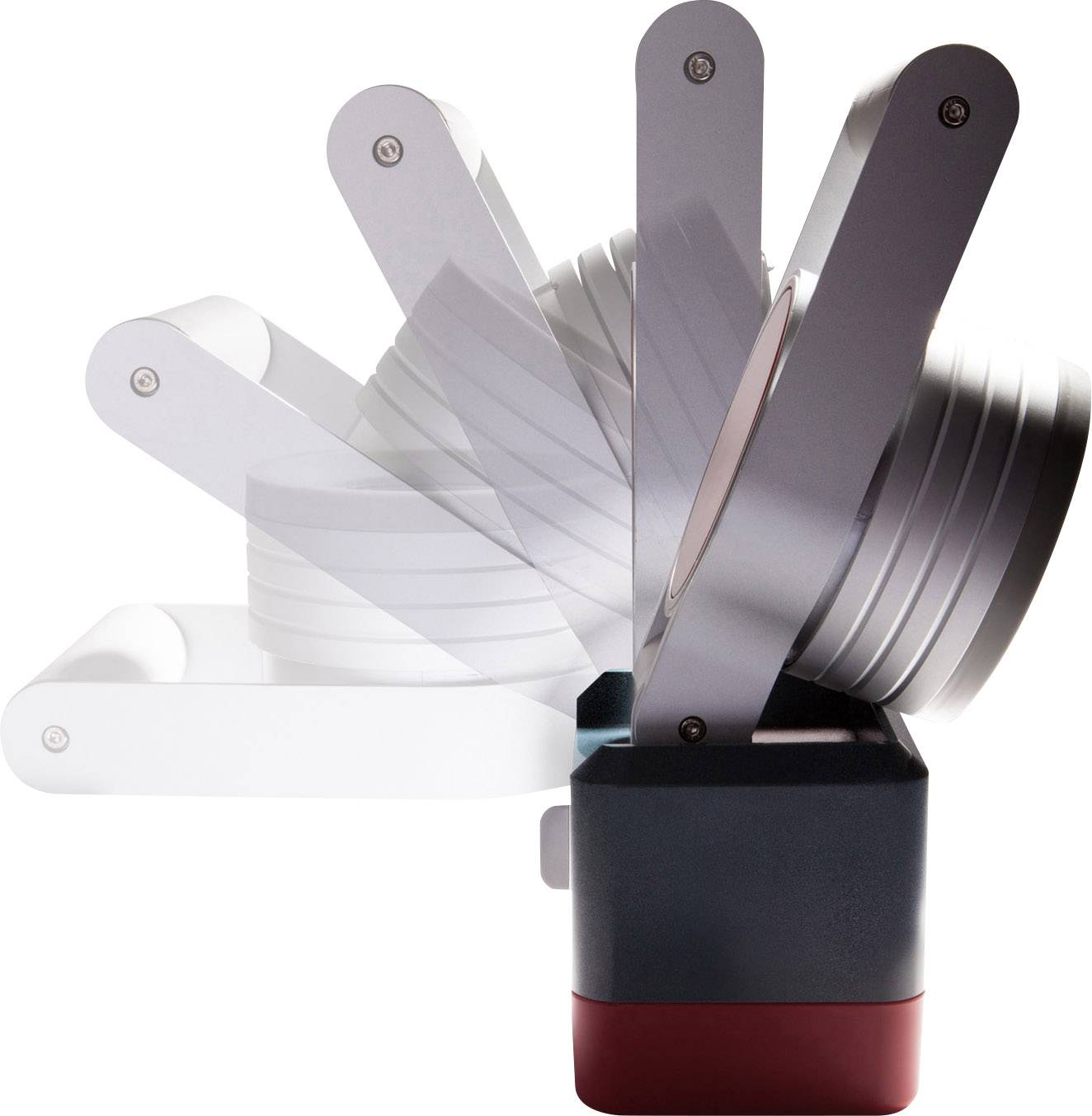 Ein drehbares Objekt mit einem mehrstufigen Gelenkmechanismus, das verschiedene Positionen zeigt, um Flexibilität zu demonstrieren.