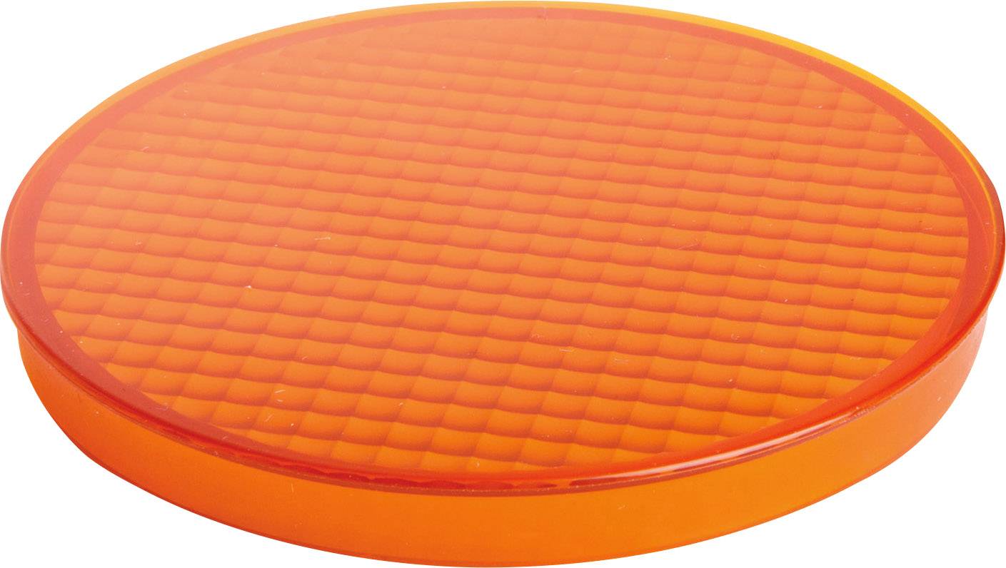 Ein runder, orangefarbener, geriffelter Kunststoffdeckel oder Untersetzer, vermutlich für Haushaltszwecke.