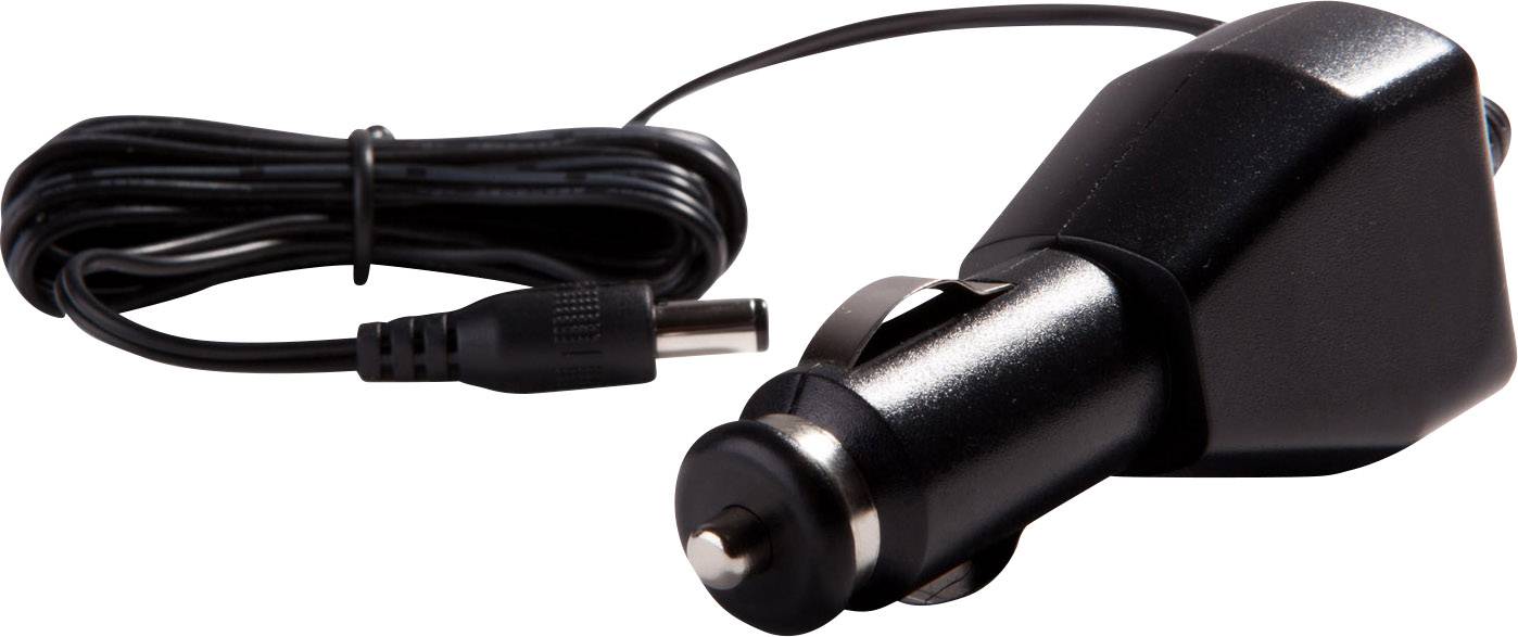 Schwarzes Autoladegerät mit einem langen Kabel und einem runden Stecker am Ende.