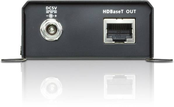 Rückseite eines Geräts mit 'DC5V'-Anschluss links und 'HDBaseT Out'-Eingang rechts für Netzwerkkabel.