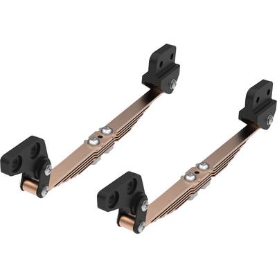 Zwei parallel angeordnete mechanische Teile aus Kupfer und schwarzen Kunststoffkomponenten, möglicherweise als Halterungen oder Verbindungen verwendet.