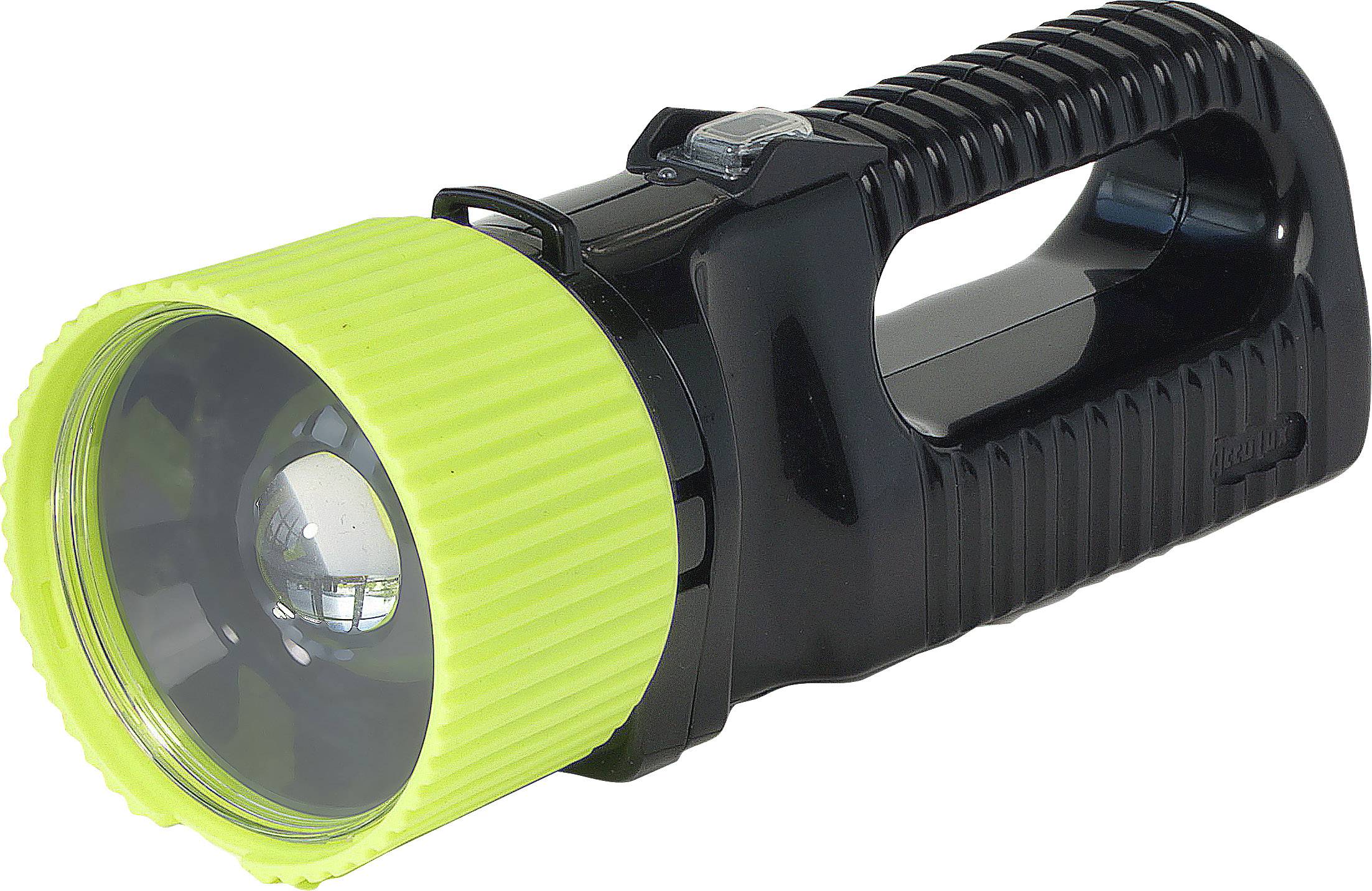 Schwarze Handtaschenlampe mit grünem Lampenkopf, geeignet für Camping oder Notfälle.