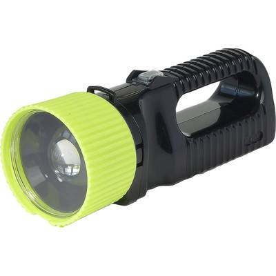 Schwarze Handtaschenlampe mit grünem Lampenkopf, geeignet für Camping oder Notfälle.