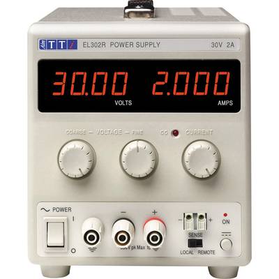 Labornetzgerät mit digitalem Display zeigt '30.00 V' und '2.000 A'. Drehknöpfe für Spannung und Stromstärke, Ein-/Ausschalter, Klemmen unten.