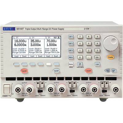 Ein digitales Labornetzgerät mit drei Ausgängen, das Spannungen und Ströme anzeigt: 16V/6A, 35V/4A, 7V/1.5A. Verschiedene Bedienelemente und Anzeigen sichtbar.