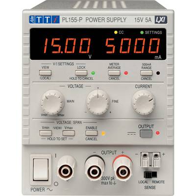 'Netzgerät PL155-P' mit rotem Display zeigt '15.00 V' und '5000 mA'. Knöpfe für Spannung und Stromstärke. Ausgänge unten.