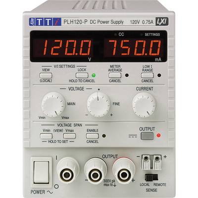 Ein digitales DC-Netzgerät zeigt 120,0 Volt und 750,0 Milliampere auf dem Display. Steuerknöpfe zur Einstellung von Spannung und Strom.