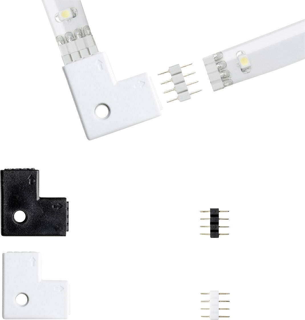 LED-Streifen-Verbinder in L-Form mit weißem und schwarzem Gehäuse, abgebildet mit Steckverbindern für elektrische Verbindungen.