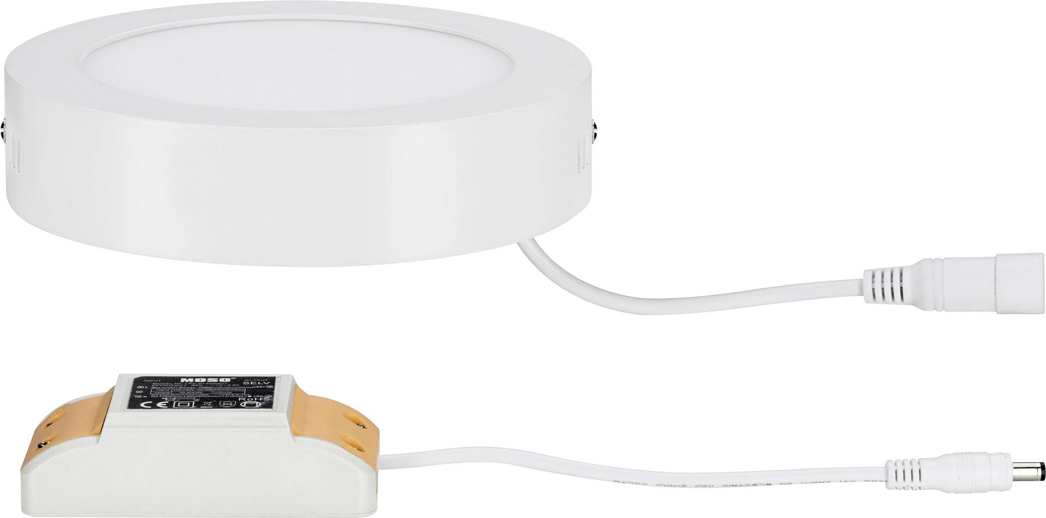 Runde LED-Deckenleuchte mit einem externen Treiber verbunden, geeignet für den Einsatz in Innenräumen zur energiesparenden Beleuchtung.