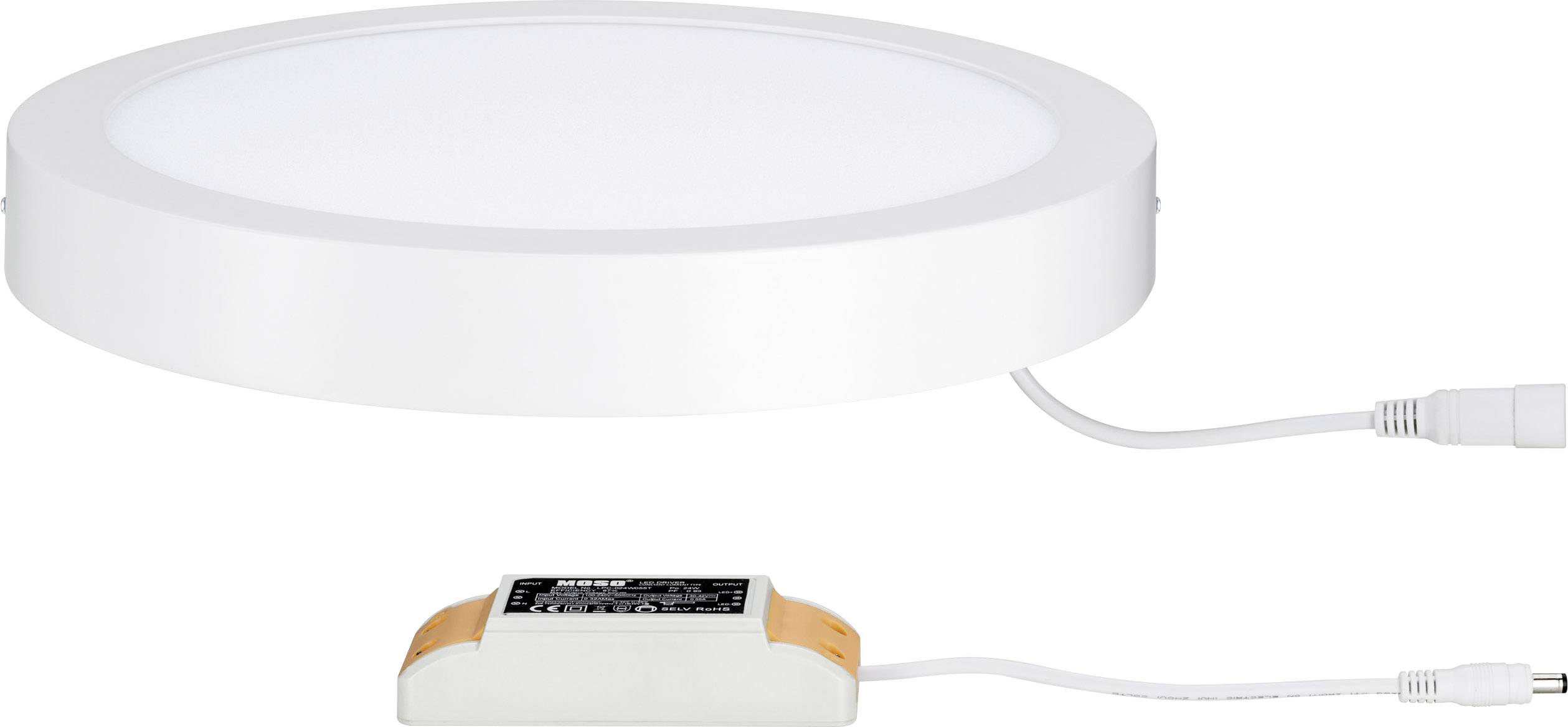 Runde LED-Lampe in weiß mit Kabel und angeschlossenem Netzteil, geeignet für einfache Deckenmontage.