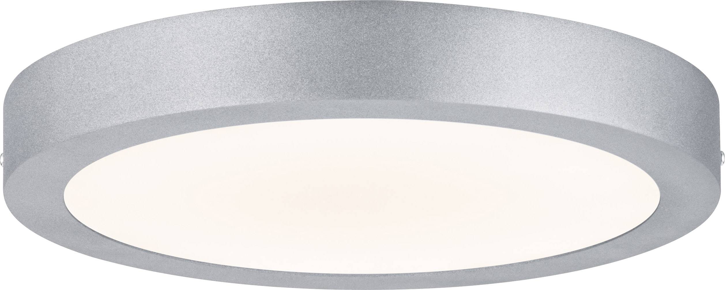 Runde LED-Deckenleuchte in silber mit weißer Abdeckung. Modernes Design, geeignet für Wohnzimmer und Büros. Energieeffizient.