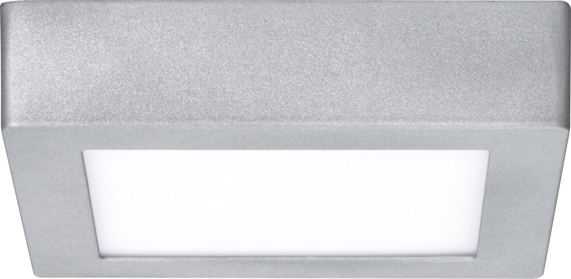 Silberne, quadratische LED-Deckenleuchte mit weißem Diffusor in der Mitte, für gleichmäßige Raumbeleuchtung.