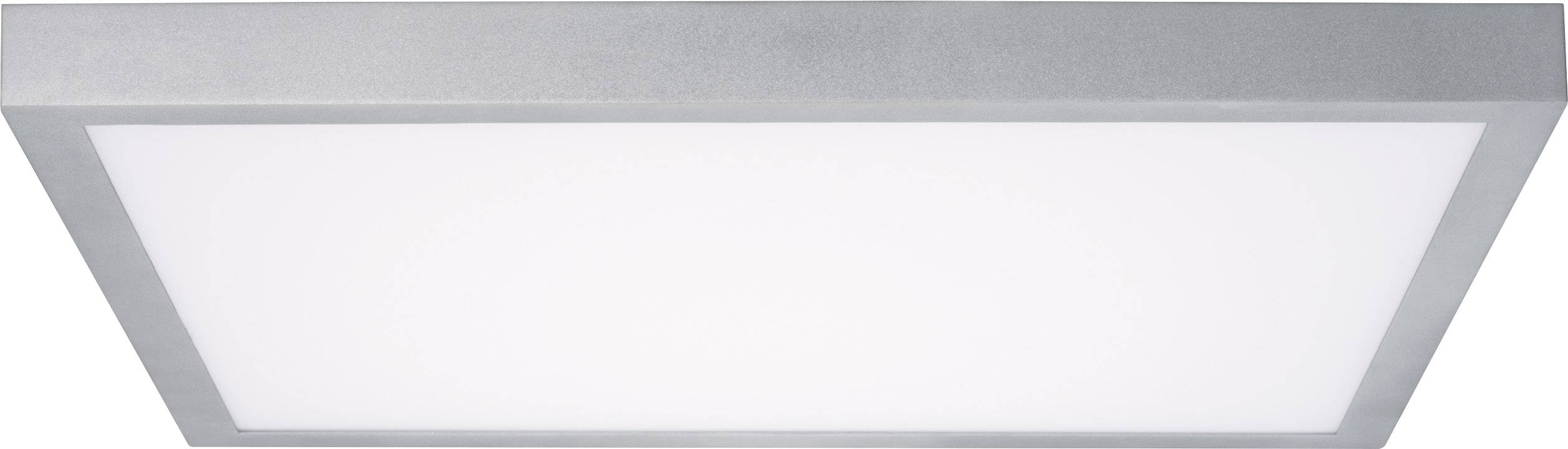 Eine quadratische LED-Deckenleuchte mit silbernem Rahmen, die ein gleichmäßiges, helles Licht verteilt.