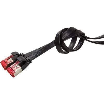 Zwei schwarze, ineinander verschlungene Netzwerkkabel mit roten Steckern.