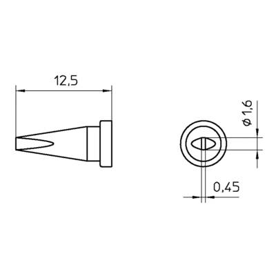 Technische Zeichnung einer Düsenspitze mit Maßen: Länge 12,5 mm, Durchmesser 1,6 mm, Öffnung 0,45 mm. Seiten- und Vorderansicht.