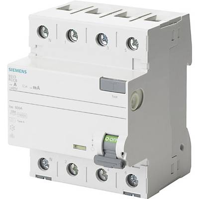 Ein weißer Fehlerstromschutzschalter (RCCB) mit Schalterstellung 'Aus', fünf Anschlussklemmen oben und Prüfknopf rechts. Markenname sichtbar.