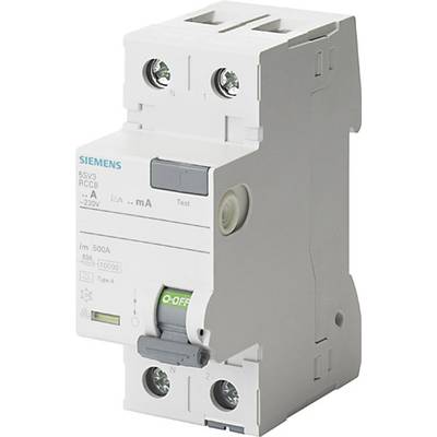 Ein FI-Schutzschalter von Siemens, geeignet für 230V und 63A, mit Testknopf und grünem Schalter, zur Fehlerschutzabschaltung in Elektroinstallationen.