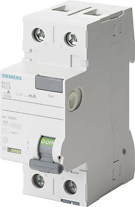 Ein FI-Schutzschalter von Siemens, Modell 5SV3, 63A, 230V. Verwendet für den Schutz vor elektrischem Schlag und zur Fehlerstromerkennung.
