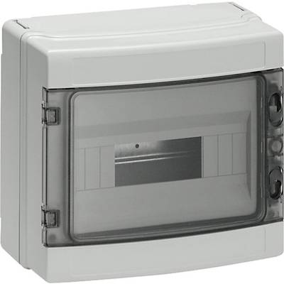 Grau-weißes Gehäuse mit transparentem Frontdeckel, geeignet zur Installation von Schalttafeln oder elektrischen Komponenten.