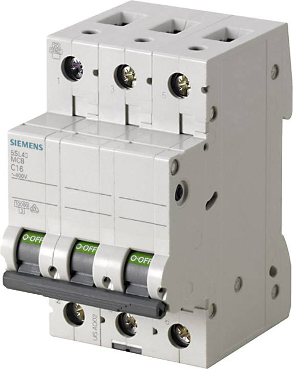 'Siemens 5SL4316-6' Dreiphasen-Leitungsschutzschalter mit Kippschaltern in der Position 'Aus', zur elektrischen Sicherheit.
