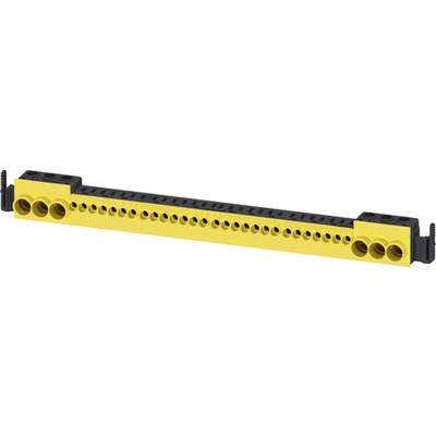 Ein gelbes Lego-Technik-Bauteil mit mehreren runden Verbindungspunkten und einem schwarzen Einsatz in der Mitte.