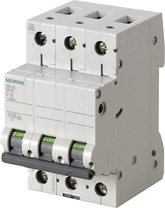 Ein dreipoliger Leistungsschalter von Siemens, Modell C16, mit Kippschaltern in der 'OFF'-Position, zur Steuerung oder Unterbrechung elektrischer Stromkreise.