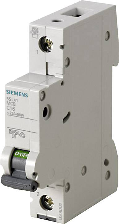 Ein Siemens Schutzschalter, Modell 5SL41, C16, mit einem grünen 'OFF'-Schalter, geeignet für Spannung von 230/400V.